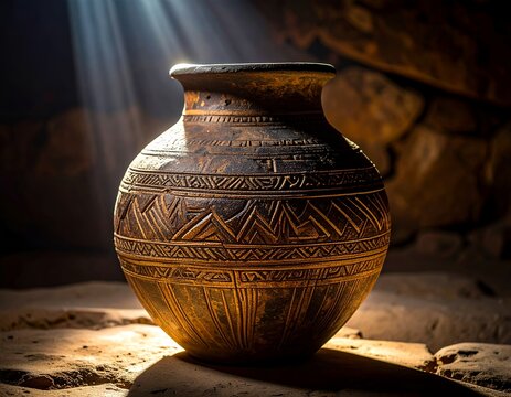 Ancient Pottery Vessel with Intricate Carvings in a Cave Setting.