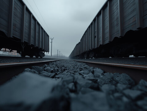 Low ground-level view between parallel freight train cars along misty railroad tracks disappearing toward foggy horizon.