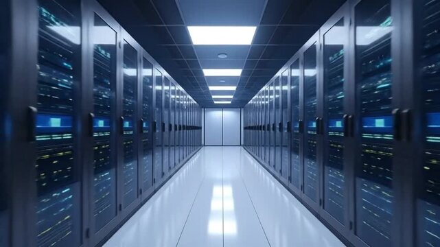 Modern data center with rows of server racks and a bright, clean hallway, showcasing technology.