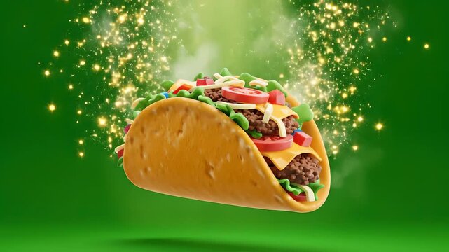 Taco crujiente flotando con llamas y chispas doradas sobre fondo verde, concepto de comida mexicana picante para Cinco de Mayo, publicidad digital de alimentos y comida r&aacute;pida.