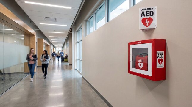 Hospital corridor with AED defibrillator mounted on wall