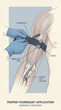 Proper tourniquet application on injured leg in medical illustration