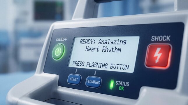 Defibrillator monitor analyzing heart rhythm in medical setting