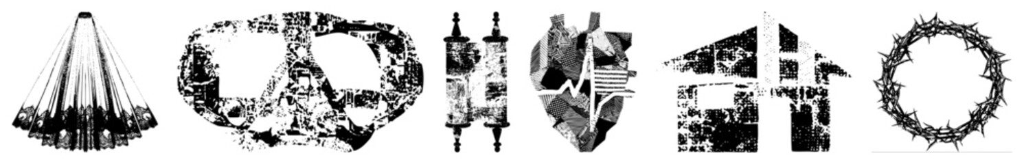 Obraz premium Religious and spiritual symbols rendered as halftone vector graphics, including veil, peace sign, Torah scroll, heartbeat heart, house with, crown of, flat design with texture.