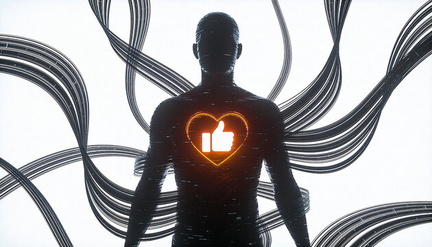 Digital disconnection from reality shows the echo chamber effect with a figure surrounded by wires and likes forming a heart
