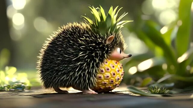 A whimsical hedgehog with a pineapple body sitting in a lush garden, surrounded by greenery