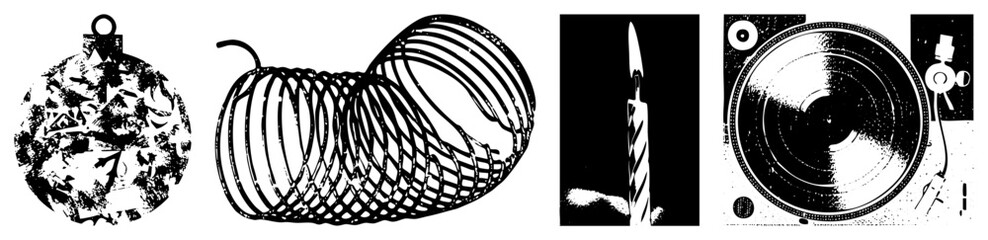 Fototapeta premium Minimalist vector illustrations of timepiece, coiled spring, flickering candle, vinyl turntable, geometric, stylized, graphic design elements.