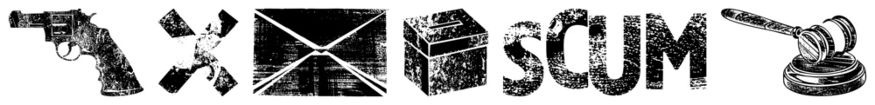 Bold symbols revolver, X mark, envelope, gift box, gavel, scum text, gritty texture, vector, legal and crime themes.
