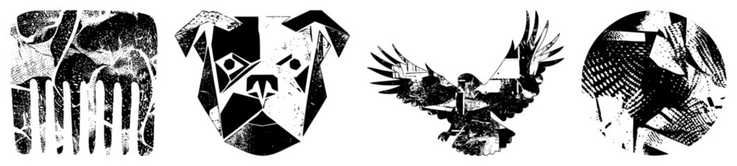 Obraz premium Bold geometric animal heads (dog, eagle, abstract) in halftone, high contrast black/white. Modern vector art, isolated cutout.