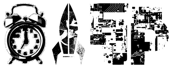 Fototapeta premium Stylized halftone alarm clock, ship, and circuit board, vector graphic, black and white, isolated elements, tech and time themes.