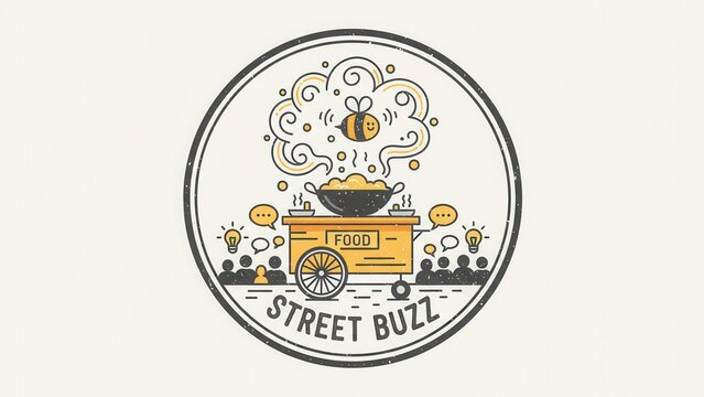 A vibrant street food cart emblem featuring a buzzing bee, steaming dish, and enthusiastic crowd