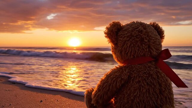 Teddy bear observing ocean sunset tranquil coastal scene at dusk