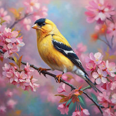 Obraz premium American Goldfinch on Cherry Blossom Branch Oil Painting