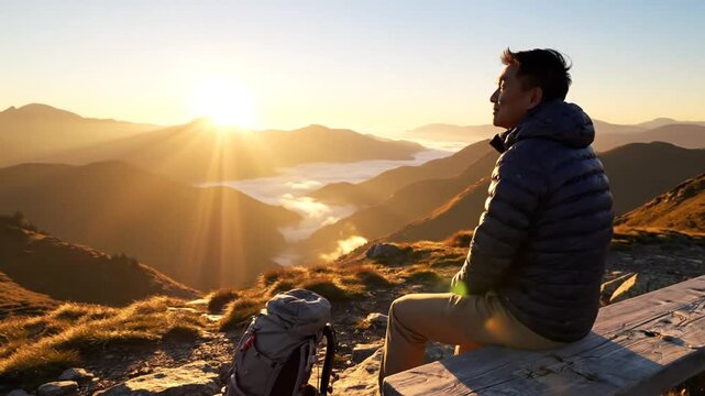 Man sitting on bench watching sunrise over mountain peaks