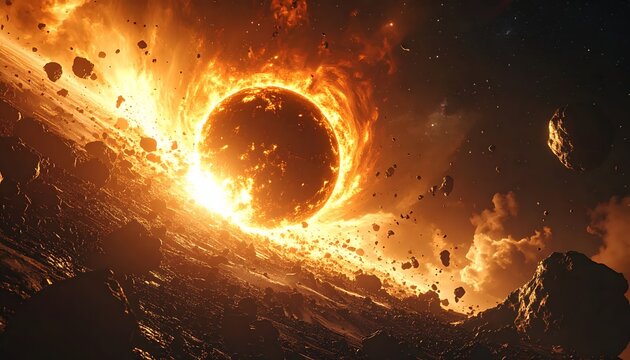 Fiery Cosmic Collision - A Dramatic Depiction of Celestial Destruction.
