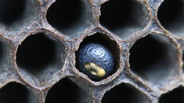 Macro view of a single bee egg inside a hexagonal honeycomb cell