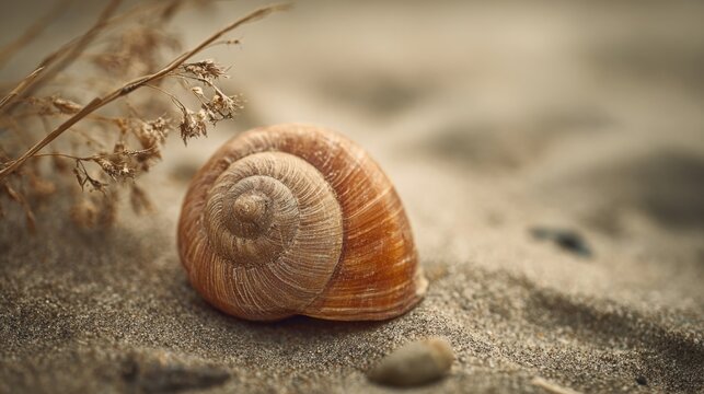 Empty Snail Shell Resting Solitarily on Dry Sandy Ground with Delicate Plant Detail