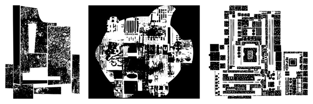 Fragmented motherboard pieces arranged abstractly, digital circuitry, electronic components, tech art, glitch aesthetic, vector cutout, isolated tech elements.
