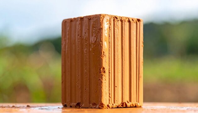 Single red brick standing upright on a wooden surface with a blurred natural background.