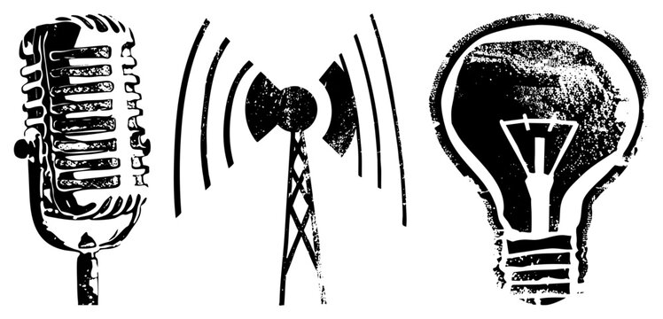 Retro microphone transmitting via radio tower to illuminate creative thought, broadcasting innovation, analog communication, concept.