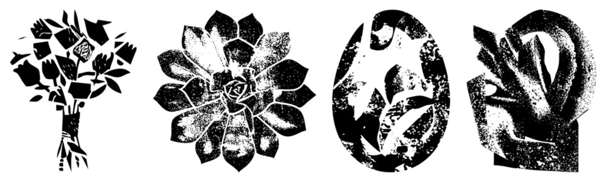 Stylized botanical and organic shapes rendered in high contrast vector art, featuring halftone textures and bold silhouettes, ideal for graphic design or textile.