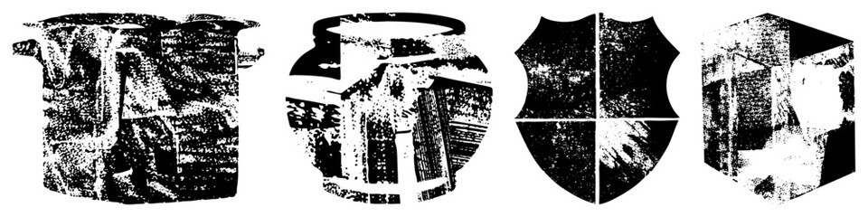 Fototapeta premium Four stylized polygonal forms rendered in high contrast halftone, grunge texture, vector art, isolated graphic elements, design.