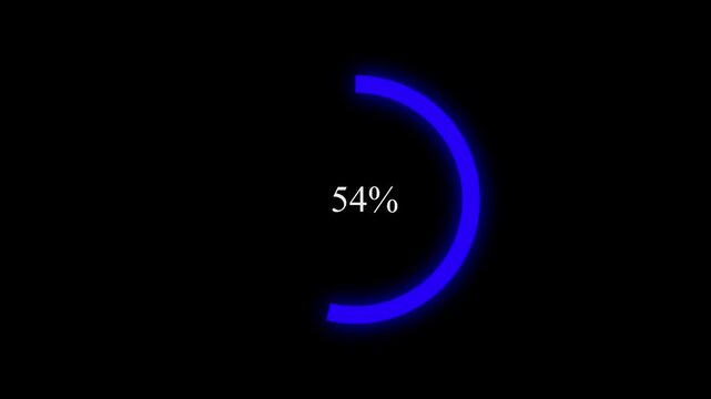Neon Blue 100 Percent Circular Progress Bar on Black Background. Loading Transfer Download Animation from zero to one hundred percent.