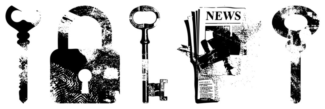 Antique style keys and a padlock with fingerprint, representing access, security, and confidentiality, rendered in gritty vector art.