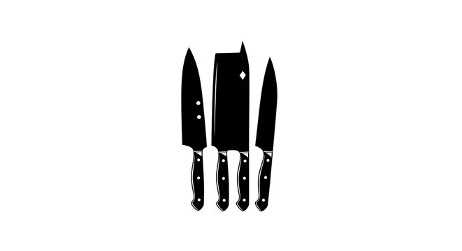 Black silhouette icons of a chef knife, a meat cleaver, and a paring knife isolated on white