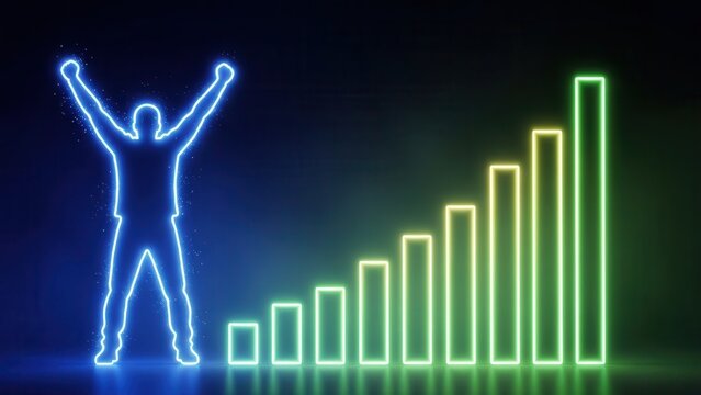 Radiant digital figure celebrating remarkable progress shown by an ascending neon bar graph