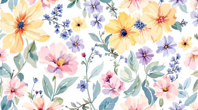 Bright blooming flowers create cheerful watercolor pattern bringing fresh and lively artistic energy today