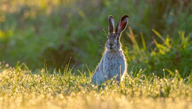 A solitary jackrabbit sits alertly in a sun-drenched meadow during golden hour.