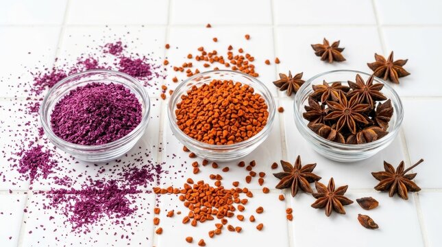 Vibrant Annatto Seeds and Amethyst Sumac With Star Anise Spices Displayed in Glass Bowls