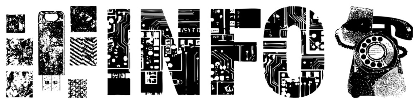 Vintage rotary phone and bold "INFO" letters composed of electronic circuit, tech themed graphic, digital nostalgia design, vector illustration.