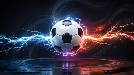 Fototapeta premium Soccer ball surrounded by vibrant blue and orange lightning strikes on dark abstract background creating dynamic energy versus theme for sports competition and championship concept