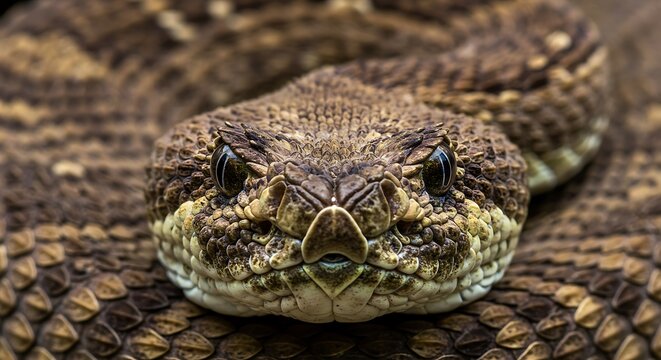 Extreme close-up of a rattlesnake head showing detailed scales and heat-sensing pits