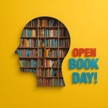 Conceptual illustration of a human head silhouette filled with bookshelves and a ladder with small people climbing, representing knowledge and learning