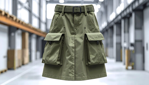 Military midi skirt with oversized cargo pockets and nylon straps hanging in a warehouse featuring olive green ripstop fabric texture generative AI