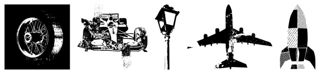 Fototapeta premium Black and white vector classic car wheel, F1 race car, vintage street lamp, airplane, ship. Stylized halftone and distressed textures. Isolated foreground elements.
