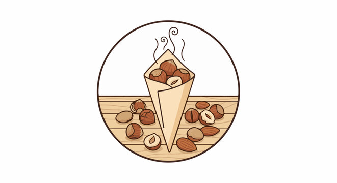 Warm roasted nuts in a paper cone with scattered nuts on a wooden surface