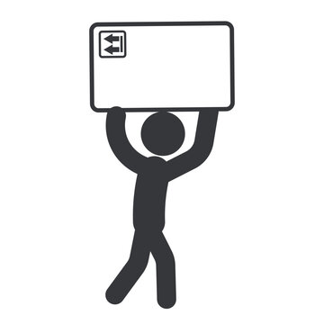 Isolated pictogram of person carrying cardboard box on head alone indicating workplace hazard, risk of injury, and potential package damage