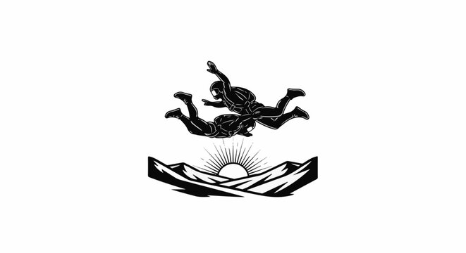 Two skydivers freefall above a stylized mountain range with a sunburst