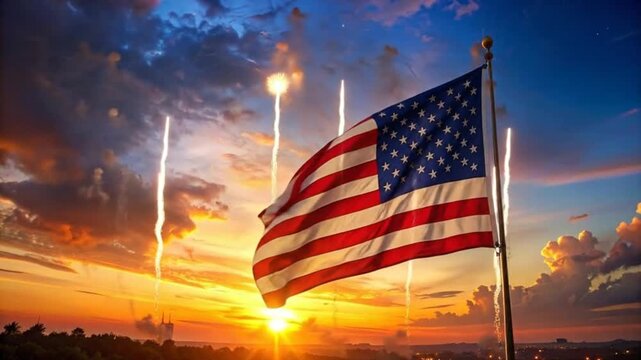 The flag of the United States waving proudly against a backdrop of fireworks and a vibrant sunset.