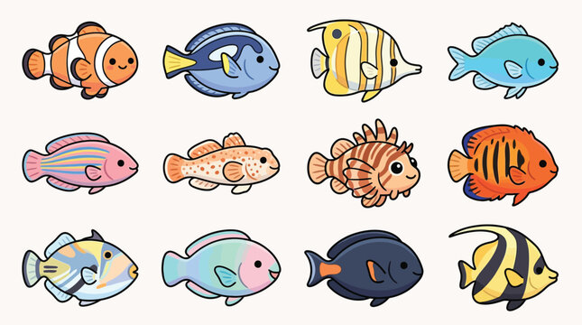 A charming collection of twelve different cartoon-style tropical fish illustrations, each with unique colors and patterns.