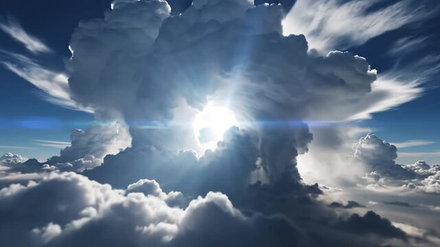 Dramatic cloudscape with sunburst and blue sky background