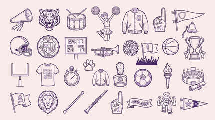 A collection of hand-drawn purple icons representing various aspects of school spirit and sports, including mascots, equipment, and cheering paraphernalia. © KN collection