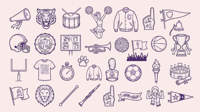 A collection of hand-drawn purple icons representing various aspects of school spirit and sports, including mascots, equipment, and cheering paraphernalia.
