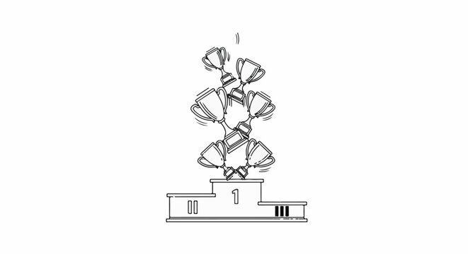 Trophies stacked precariously on a winner's podium, appearing unstable