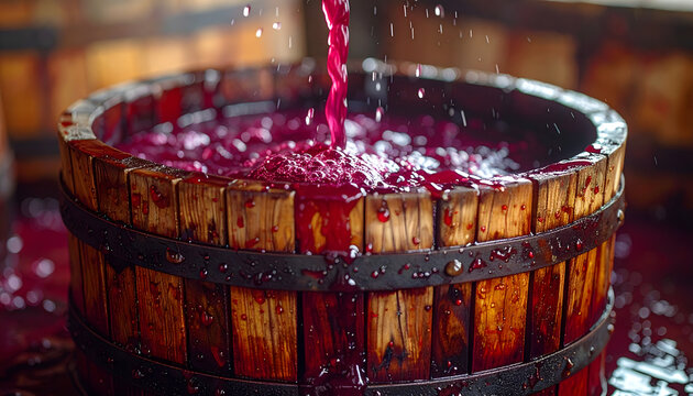 Wooden basket press close up showing deep red juice oozing between slats in a rustic authentic winemaking photography style generative AI