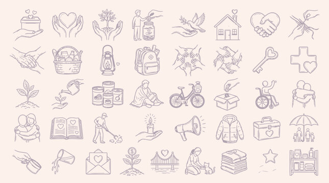Collection of hand-drawn icons representing various aspects of charity, community support, and human well-being.